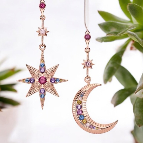 NWOT crescent moon and star dangle earrings, Sterling silver 18k rose gold plt - Picture 17 of 17